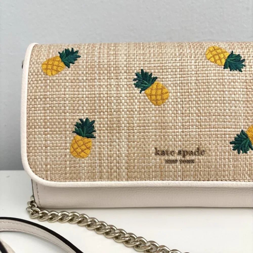 kate spade Pineapple Embroidered Straw Crossbody in Cream and Yellow